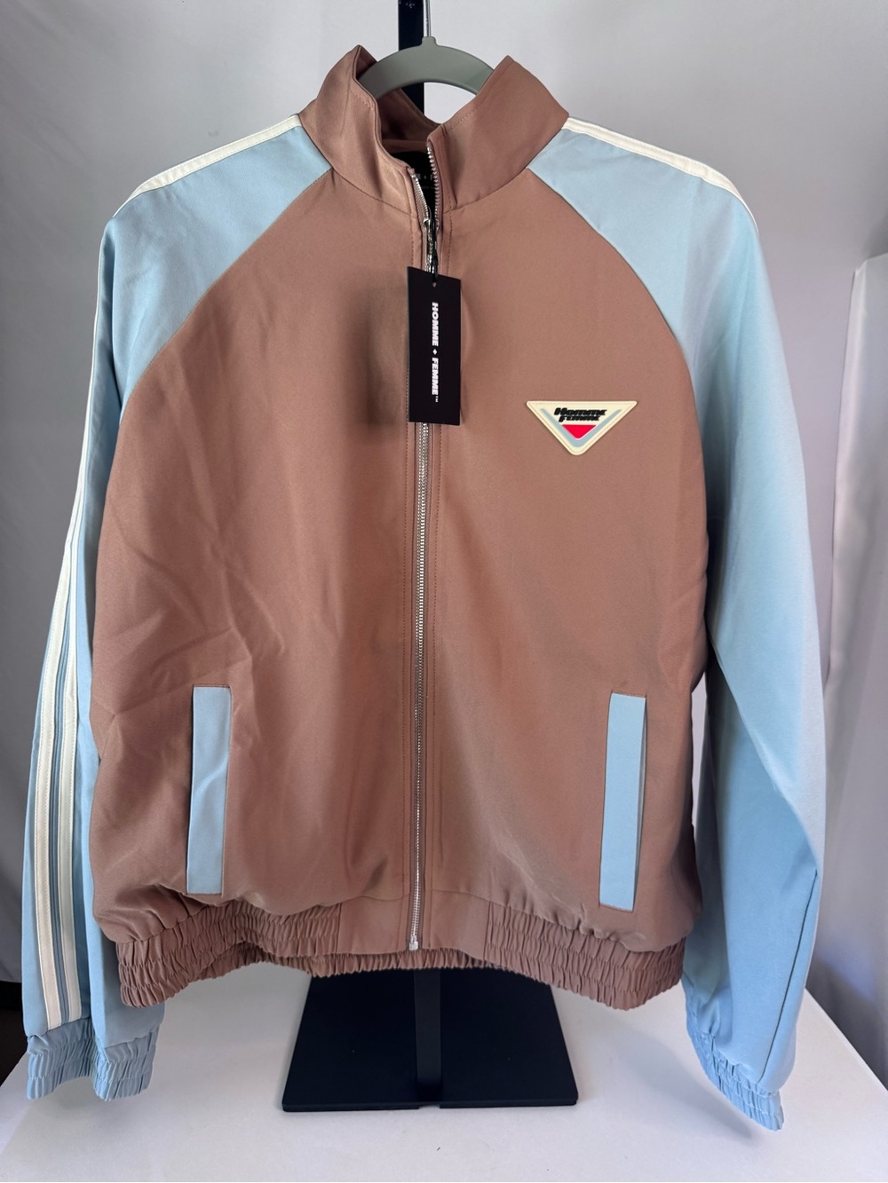 Men's Brown & Light Blue Track Bomber Jacket with Contrast Panels Size Medium